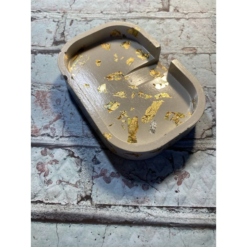 Handmade Soap Dish Cement Soap Holder Bathroom Kitchen Self Draining Gold Flake